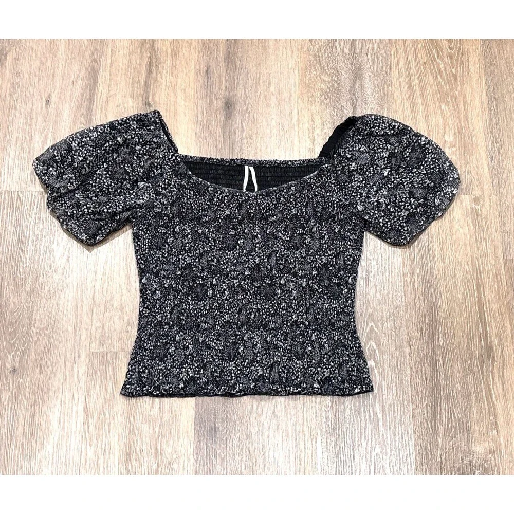 Anthropologie Smocked Top Black White Floral Mesh Puff Sleeve Boho Coquette L